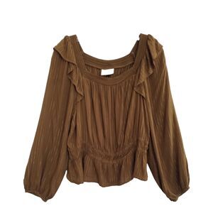 Universal Thread Peplum Blouse Womens Large Brown Gold Metallic Balloon Sleeves